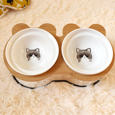 Bamboo Holder - Ceramic Bowl - Food and Water Bowl for Dogs and Cats