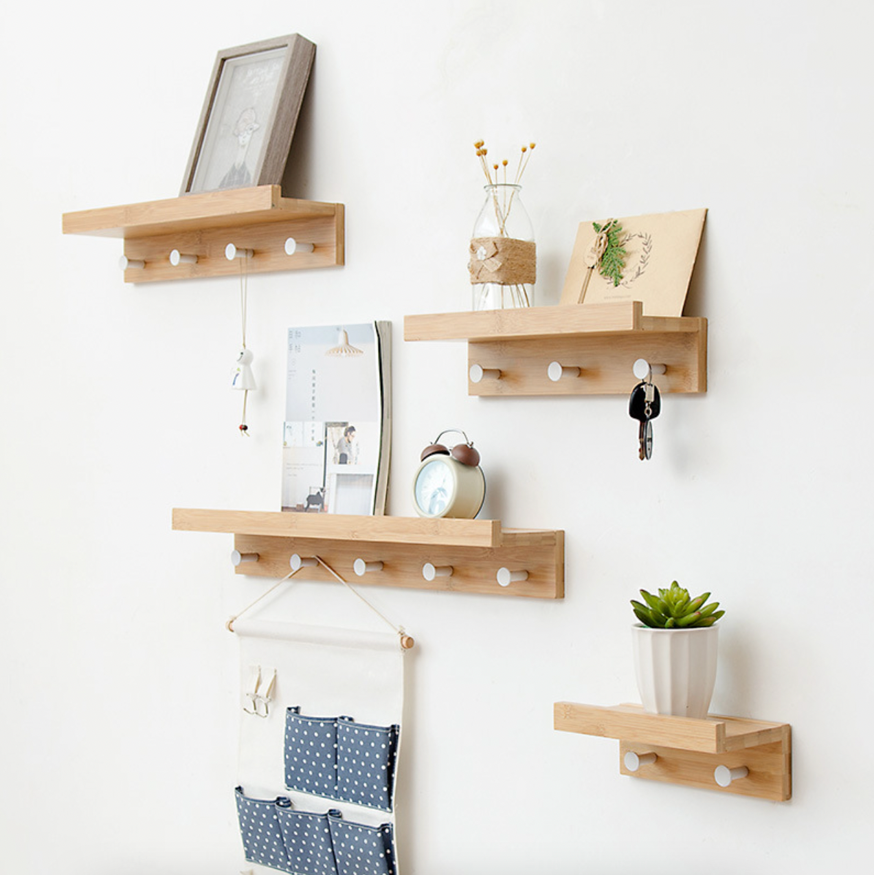 4 Bamboo Shelves with white hooks