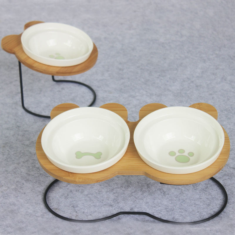 Bamboo Holder - Ceramic Bowl - Food and Water Bowl for Dogs and Cats