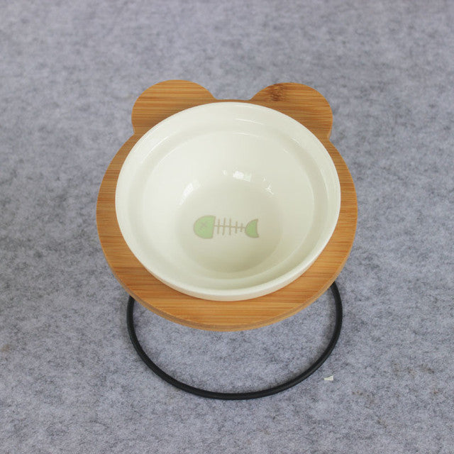 Bamboo Holder - Ceramic Bowl - Food and Water Bowl for Dogs and Cats