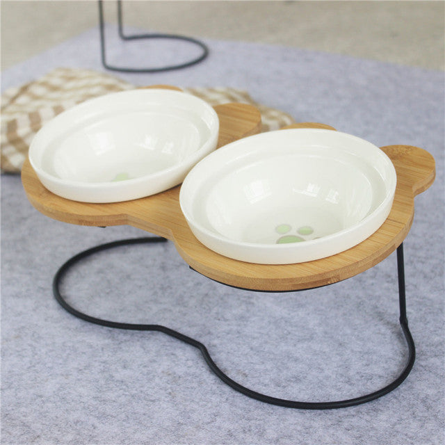 Bamboo Holder - Ceramic Bowl - Food and Water Bowl for Dogs and Cats