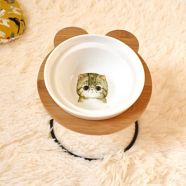 Bamboo Holder - Ceramic Bowl - Food and Water Bowl for Dogs and Cats