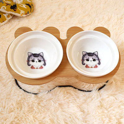 Bamboo Holder - Ceramic Bowl - Food and Water Bowl for Dogs and Cats