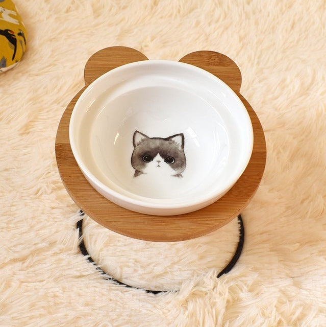 Bamboo Holder - Ceramic Bowl - Food and Water Bowl for Dogs and Cats