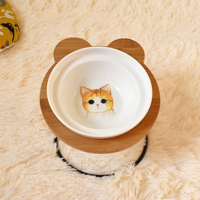 Bamboo Holder - Ceramic Bowl - Food and Water Bowl for Dogs and Cats