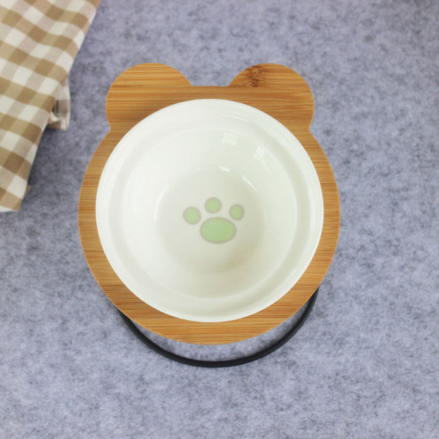 Bamboo Holder - Ceramic Bowl - Food and Water Bowl for Dogs and Cats