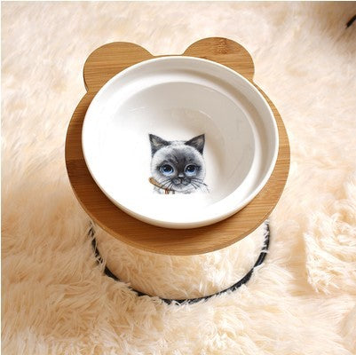 Bamboo Holder - Ceramic Bowl - Food and Water Bowl for Dogs and Cats