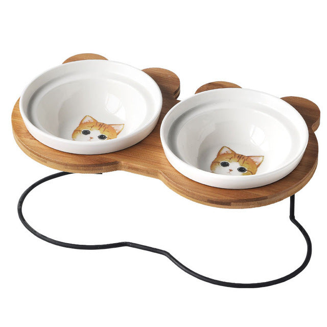 Bamboo Holder - Ceramic Bowl - Food and Water Bowl for Dogs and Cats