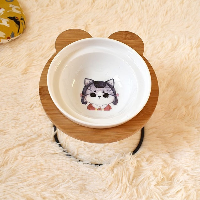 Bamboo Holder - Ceramic Bowl - Food and Water Bowl for Dogs and Cats