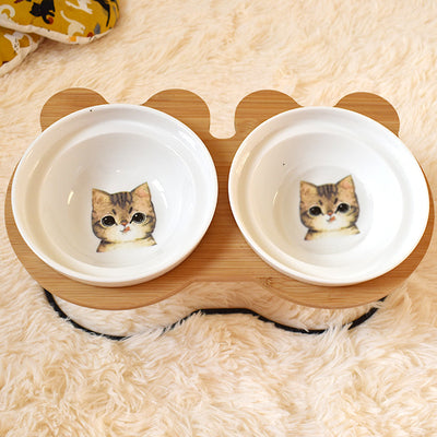 Bamboo Holder - Ceramic Bowl - Food and Water Bowl for Dogs and Cats