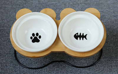 Bamboo Holder - Ceramic Bowl - Food and Water Bowl for Dogs and Cats