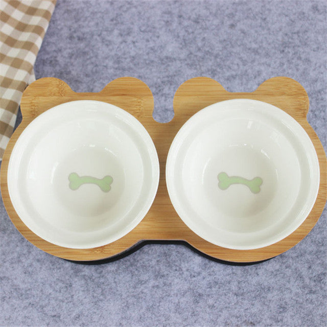 Bamboo Holder - Ceramic Bowl - Food and Water Bowl for Dogs and Cats