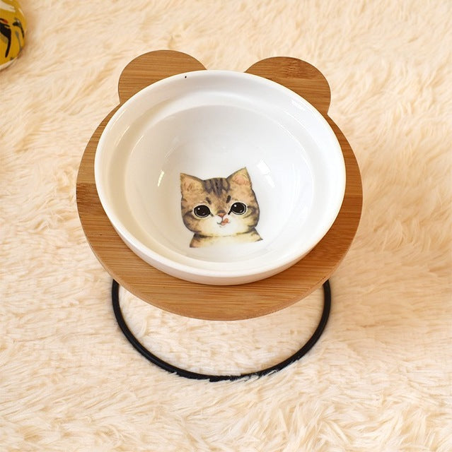 Bamboo Holder - Ceramic Bowl - Food and Water Bowl for Dogs and Cats